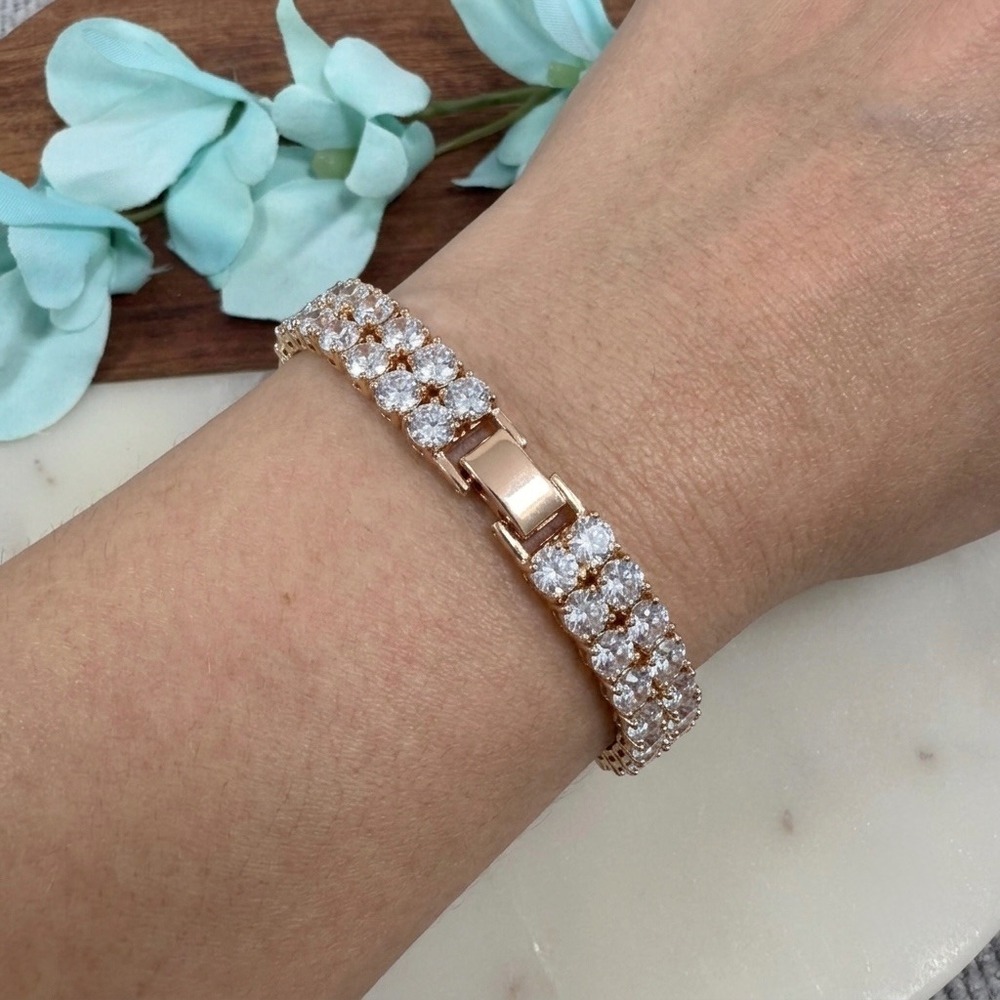 18K Gold Plated Rose Gold Double Row Tennis Bracelet Clear Cubic Zirconia